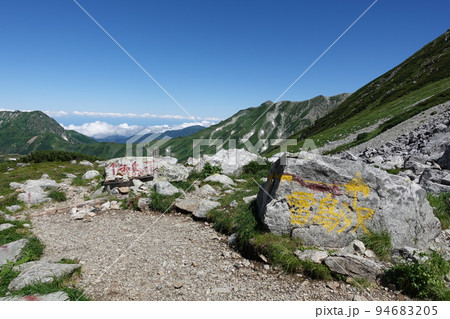 立山登山道から雷鳥荘への道標と大日岳 立山登山道から雷鳥荘への道標と大日岳 94683205