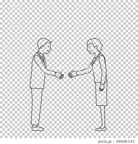 握手をするビジネスマンとビジネスウーマンのイラスト（白背景・ベクター・線画・切り抜き） 94686142
