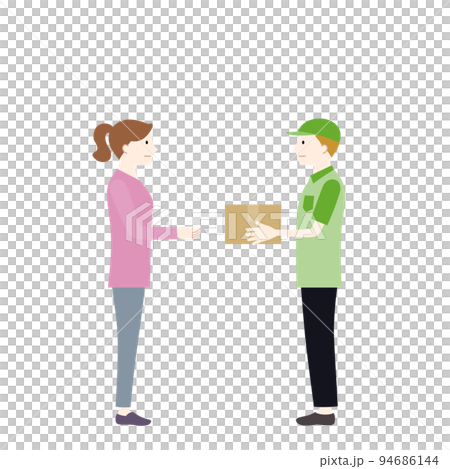 運送包裹的送貨員和接收包裹的婦女的插圖(白色背景、矢量、剪報) 運送包裹的送貨員和接收包裹的婦女的插圖(白色背景、矢量、剪報) 94686144