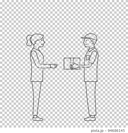遞送包裹的送貨員和接收包裹的婦女的插圖(白色背景、矢量、線條畫、剪報) 遞送包裹的送貨員和接收包裹的婦女的插圖(白色背景、矢量、線條畫、剪報) 94686145