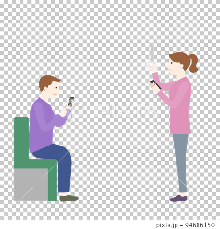 一個男人和一個女人在火車上使用智能手機的插圖(白色背景、矢量、剪輯) 一個男人和一個女人在火車上使用智能手機的插圖(白色背景、矢量、剪輯) 94686150