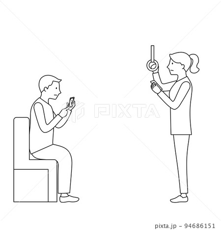 電車内でスマホを使用する男性と女性のイラスト（白背景・ベクター・線画・切り抜き） 94686151