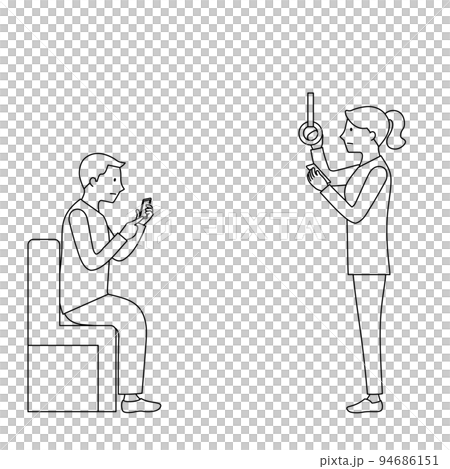 一個男人和一個女人在火車上使用智能手機的插圖(白色背景、矢量、線條畫、剪裁) 一個男人和一個女人在火車上使用智能手機的插圖(白色背景、矢量、線條畫、剪裁) 94686151