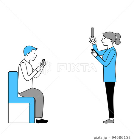 電車内でスマホを使用する男性と女性のイラスト(白背景・ベクター・切り抜き) 電車内でスマホを使用する男性と女性のイラスト(白背景・ベクター・切り抜き) 94686152