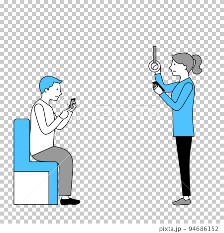 一個男人和一個女人在火車上使用智能手機的插圖(白色背景、矢量、剪輯) 一個男人和一個女人在火車上使用智能手機的插圖(白色背景、矢量、剪輯) 94686152