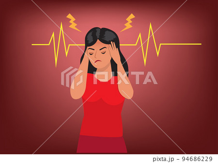 Young woman upset with severe headaches, migraines, health problems and headaches. aching in the temples Young woman upset with severe headaches, migraines, health problems and headaches. aching in the temples 94686229