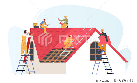 Roof Construction Workers Characters Conduct Roofing Works. Roofer Men With Work Tools Repair Home Rooftop Tile Roof Construction Workers Characters Conduct Roofing Works. Roofer Men With Work Tools Repair Home Rooftop Tile 94686749