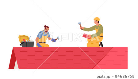 Men Roofers With Work Tools Roofing And Tiling Residential Building Roof. Construction Workers Characters Repair Rooftop 94686759