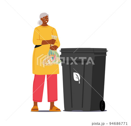 Litter Sorting, Recycling And Segregation, Environment Protection. Senior Woman City Dweller Throw Organic Garbage 94686771
