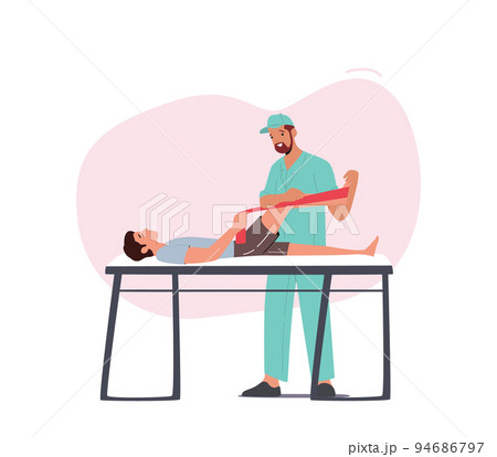Medical Rehabilitation, Physical Therapy Activities and Procedures. Physiotherapist Character Work With Injured Patient 94686797