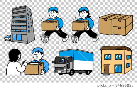 荷物を運ぶ運送業男性女性イラストセット（シンプル） 94686853