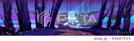 Summer forest with cascade waterfall at night 94687054