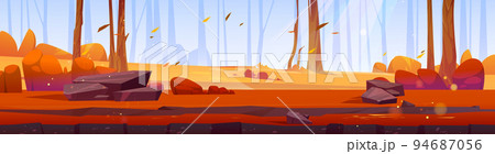 Cartoon autumn forest, 2d wood nature landscape Cartoon autumn forest, 2d wood nature landscape 94687056