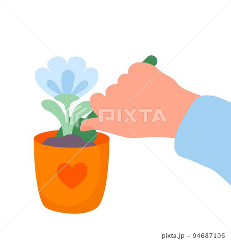 A flower in a pot, a houseplant. Vector stock illustration. gardening, planting at home. Planting seeds in the spring. The seeds in hand against the soil. Isolated on a white background. A flower in a pot, a houseplant. Vector stock illustration. gardening, planting at home. Planting seeds in the spring. The seeds in hand against the soil. Isolated on a white background. 94687106