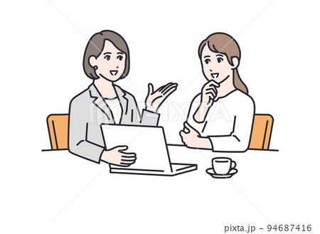 スーツの女性に相談する若い女性のベクターイラスト素材 94687416