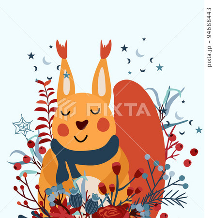 Background with Christmas squirrel in a scarf with red berries, colorful leaves, winter flowers and other. Magical winter animal. Perfect for greeting cards, posters, flyers, banners.Vector Background with Christmas squirrel in a scarf with red berries, colorful leaves, winter flowers and other. Magical winter animal. Perfect for greeting cards, posters, flyers, banners.Vector 94688443