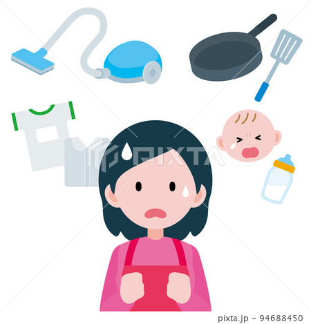 お金が支払われない仕事 家庭内の子育て 介護や家事 のイラストのイラスト素材