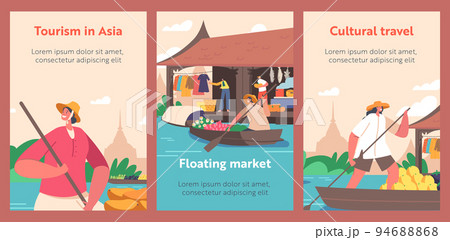 Floating Market in Thailand Cartoon Banners. Saleswoman Character in Straw Hat on Boat with Paddle Sell and Buy Goods Floating Market in Thailand Cartoon Banners. Saleswoman Character in Straw Hat on Boat with Paddle Sell and Buy Goods 94688868