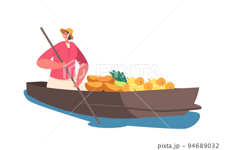 Saleswoman Character Wear Straw Hat Sell and Buy Goods Float on Boat on White Background. Female Trader Sell Fruits 94689032