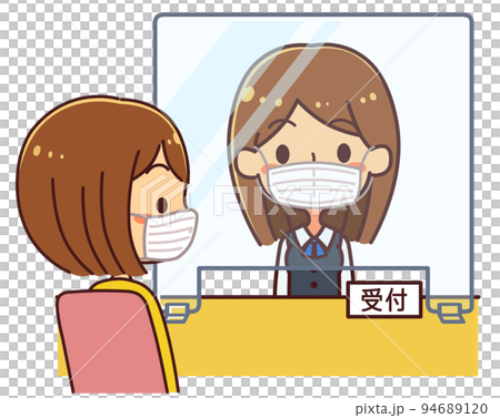 アクリル板越しに座って話す女性　受付　イラスト 94689120