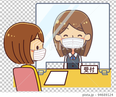 アクリル板越しに座って話す女性 受付 笑顔 イラスト アクリル板越しに座って話す女性 受付 笑顔 イラスト 94689124