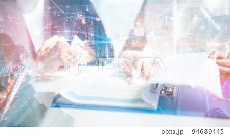 Double exposure hand of business woman with network city. Double exposure hand of business woman with network city. 94689445