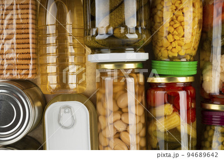 Emergency groceries food background flat lay 94689642