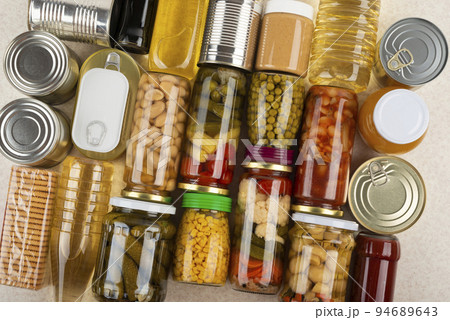 Emergency groceries food background flat lay 94689643