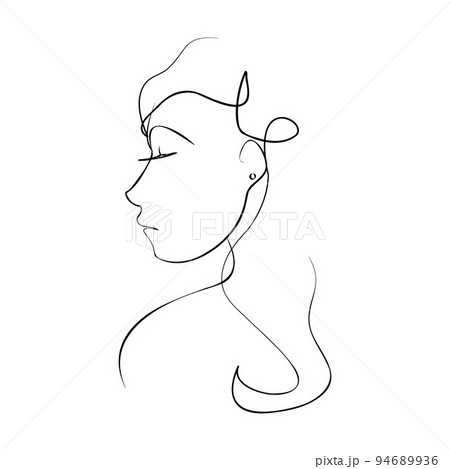 One continuous line hand drawn vector art with beautiful woman face in elegant curve. Black isolated on white background. Modern simplistic design for fashion, wall art, print, tattoo, cover, card. One continuous line hand drawn vector art with beautiful woman face in elegant curve. Black isolated on white background. Modern simplistic design for fashion, wall art, print, tattoo, cover, card. 94689936