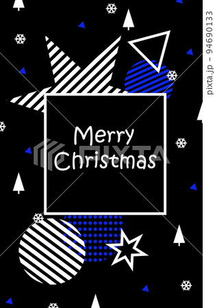 Happy New Year. Merry Christmas. Illustration festive with Christmas balls, stars. On a black background, gray and blue Christmas decorations. 94690133