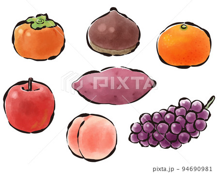 秋の果物 セット  和風 手描き 筆タッチ イラスト 秋の果物 セット  和風 手描き 筆タッチ イラスト 94690981