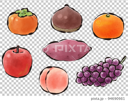 秋の果物 セット  和風 手描き 筆タッチ イラスト 秋の果物 セット  和風 手描き 筆タッチ イラスト 94690981
