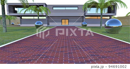Cobbled road to the entrance to the house lined with red-blue bricks. White border on the sides. Palm trees and steel reflective balls on the lawn. 3d render. 94691002