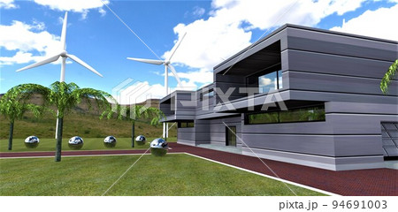 Country houses of the future. Two powerful wind generators provide the estate with electricity even at night and in winter. 3d render. 94691003