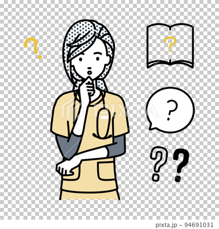 A set of question marks of a nurse woman standing and feeling doubts with her hands on her chin 94691031