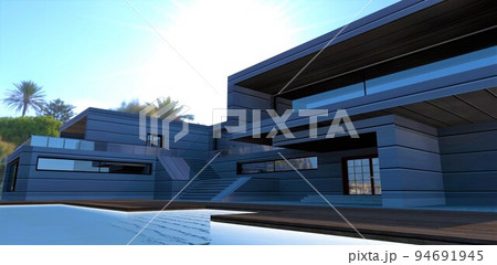 A project of a country house that sets trends in the architecture of the future. Living water in the pool. Finishing the exterior with smart energy-efficient material. 3d render. 94691945