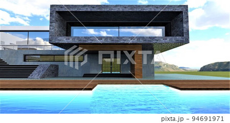 The steps of the stairs are visible below the surface of the water in the pool of an advanced technological villa for self-respecting people. 3d render. 94691971