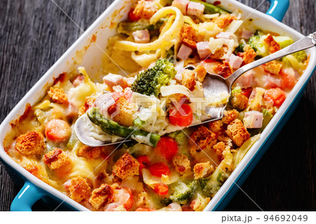 Ham and Noodle Casserole in baking dish, top view Ham and Noodle Casserole in baking dish, top view 94692049