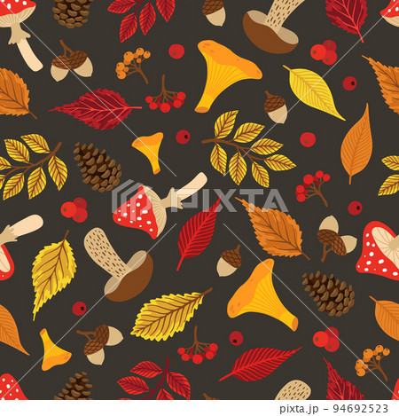 Vector colorful autumn seamless pattern with fall leaves, cone and mushrooms. Vector colorful autumn seamless pattern with fall leaves, cone and mushrooms. 94692523