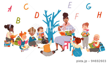 Young Teacher Sitting with First Graders at Lesson Learning Alphabet and Reading Book Vector Illustration Young Teacher Sitting with First Graders at Lesson Learning Alphabet and Reading Book Vector Illustration 94692603