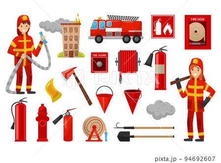 Man and Woman Firefighter in Uniform with Tools and Equipment Big Vector Set Man and Woman Firefighter in Uniform with Tools and Equipment Big Vector Set 94692607