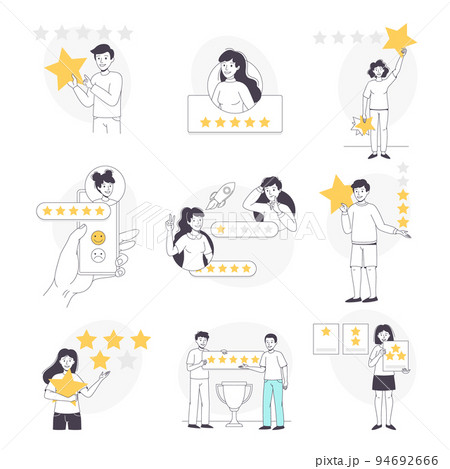 Feedback and Customer Review with People Character with Star Rating Service Vector Set 94692666