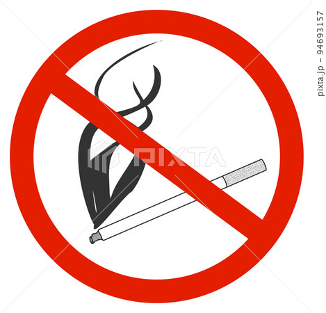 Red no smoking sign silhouette with crossed out cigarette and smoke isolated on white. Tilted cigarette. Icon or design element. 94693157