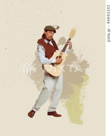 Contemporary art collage. Stylish man in classical suit playing guitar. Lovely performance. Pastel artwork 94693205