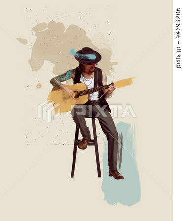 Contemporary art collage. Portrait of stylish man, rock musician playing guitar, performing. Pastel drawings Contemporary art collage. Portrait of stylish man, rock musician playing guitar, performing. Pastel drawings 94693206