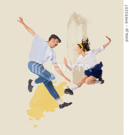 Contemporary art collage. Young beautiful couple, man and woman, in stylish retro clothes dancing. 94693207