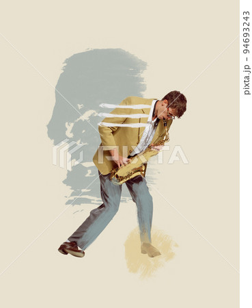 Contemporary art collage. Young man in yellow jacket playing saxophone. Pastel art. Expressive performance 94693243