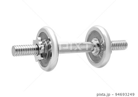 gray adjustable dumbbell from stainless steel with roughened non-slip handle, prefabricated accessory consisting of threaded rod and extra weight pancakes isolated on white background side view. 94693249