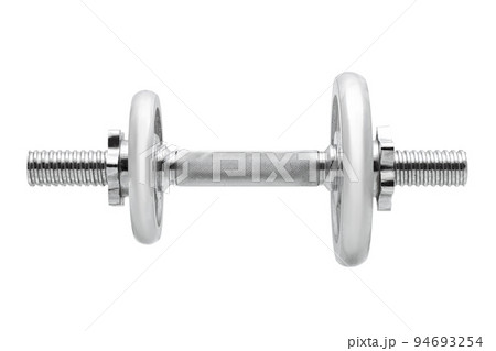 adjustable dumbbell from stainless steel, prefabricated accessory consisting of a threaded rod and different weight uneven load isolated on white background front view concept, nobody. 94693254