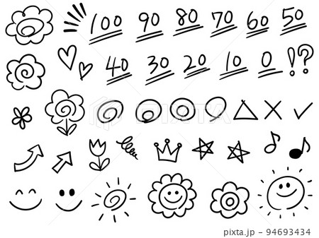 テストの点数、花丸などのアイコンセット　黒 94693434